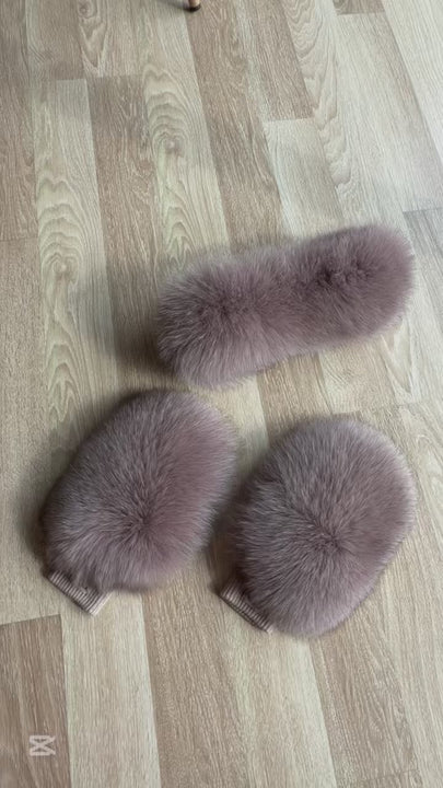 Dusty Pink Fox Fur Headband With Matching Mittens