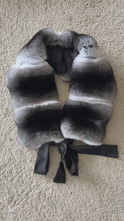 Luxurious FurbySD Genuine Chinchilla Fur Collar Scarf With Silk Ribbon