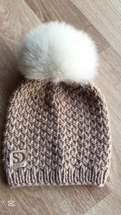 Textured Knit Light Nougat Beanie With White Fox Fur Pom Pom
