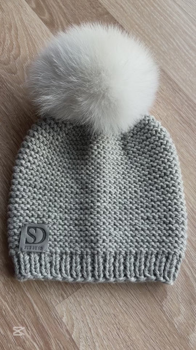 Grey Merino Wool Beanie With White Fox Fur Pom Pom Handknitted by FurbySD