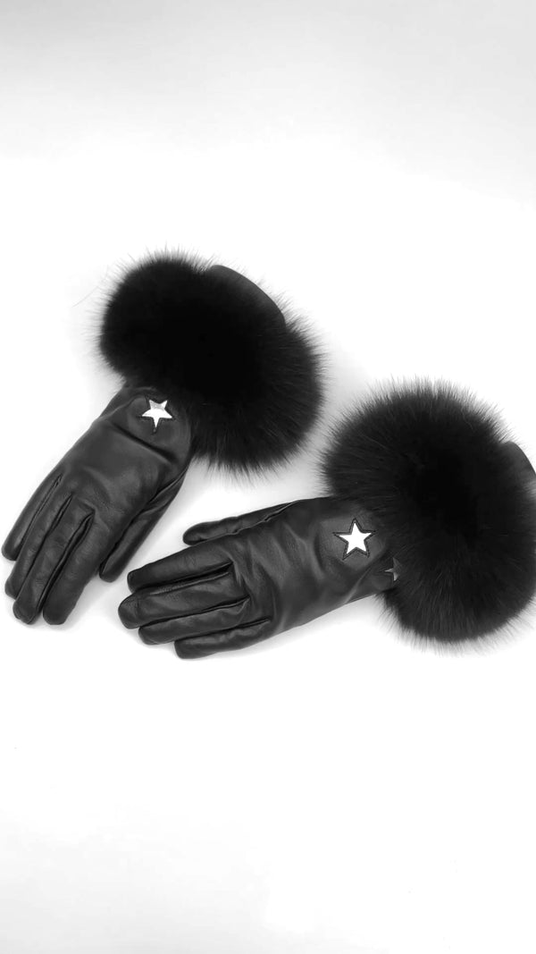 Black Leather Gloves With Fox Fur