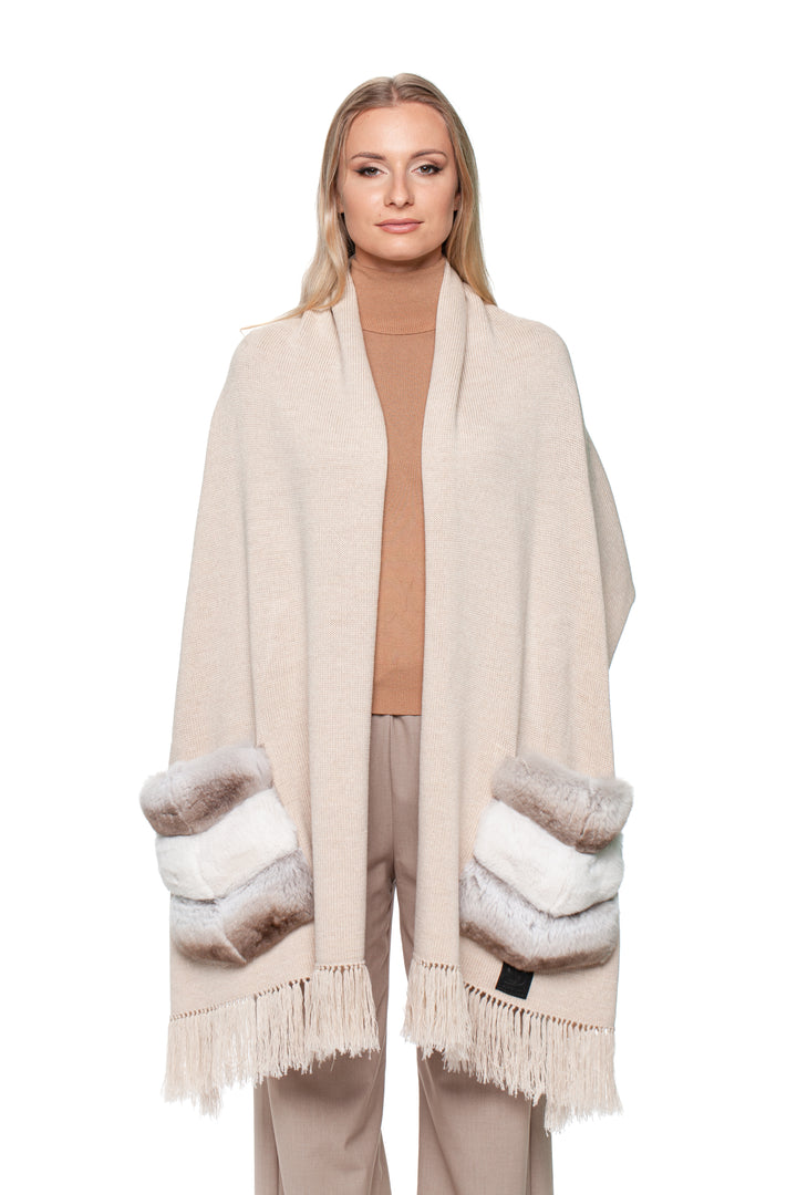 Model wearing beige wool shawl with chinchilla fur pockets, handmade winter wrap by FurbySD.