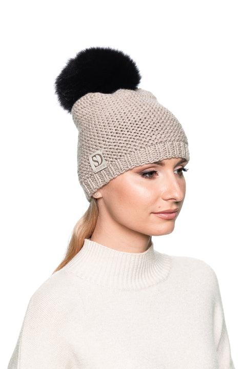 Light Beige Merino Wool  Beanie With Detachable Black Fox Fur Pom Pom 