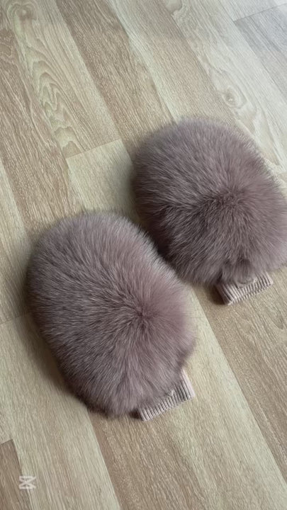 Dusty Pink Fox Fur Flip Top Mittens Handmade by FurbySD