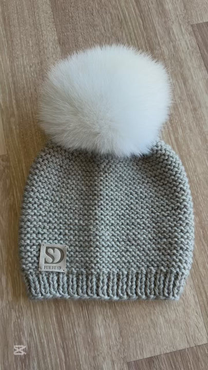 Light Greyish Beige Merino Wool Beanie With Luxurious Detachable White Fox Fur Pom Pom.