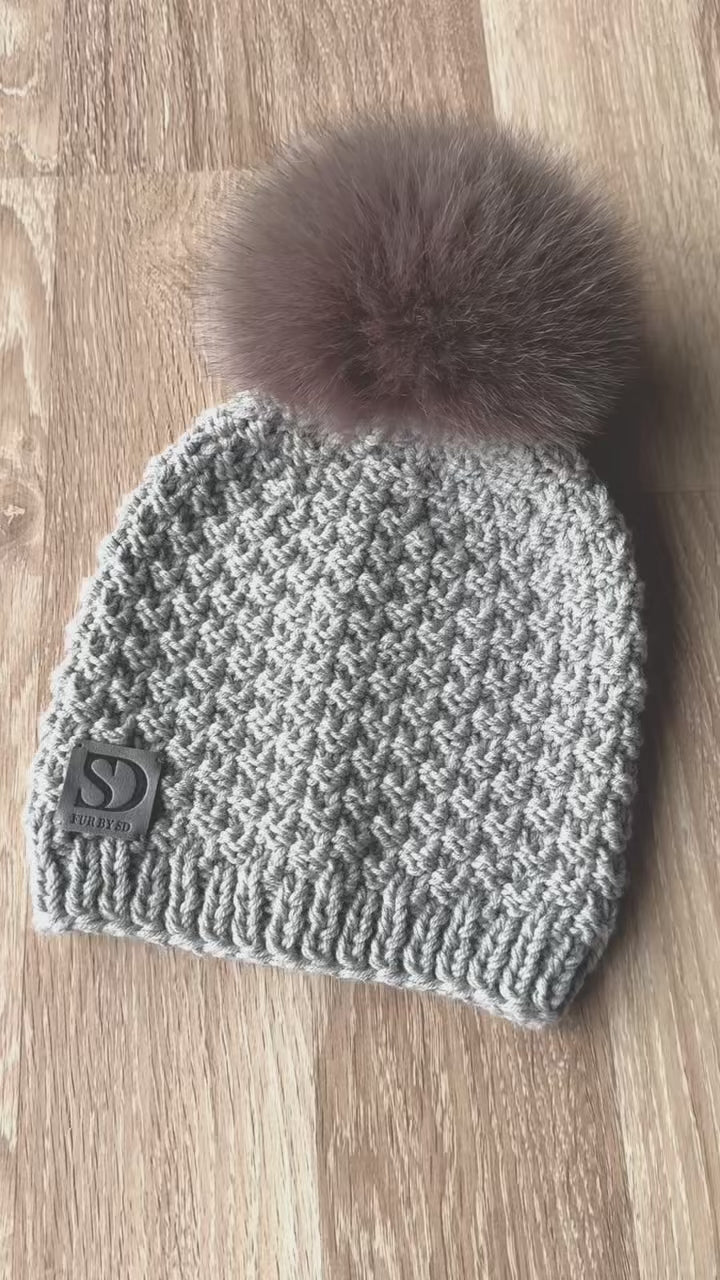 Grey Merino Beanie with Beige Fox Pom Pom – Shop With FurbySD.