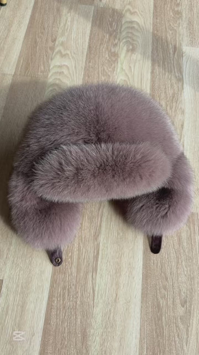 Handmade dusty pink fox fur ushanka earflaptrapper hat for winter unisex