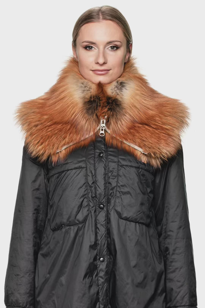 Model wearing red fox fur collar scarf with zipper, styled as a luxury fur neck warmer.