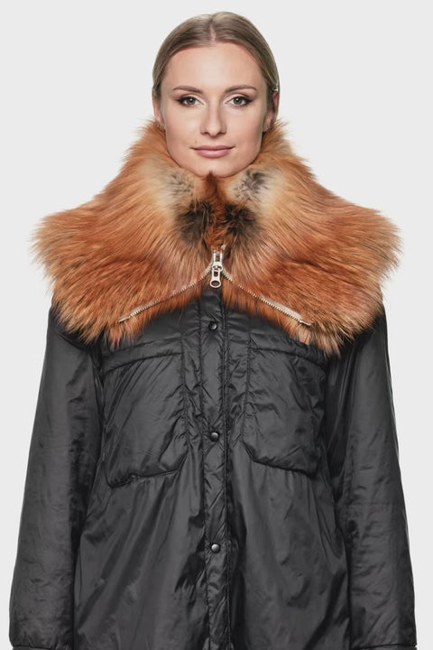 Model wearing red fox fur collar scarf with zipper, styled as a luxury fur neck warmer.