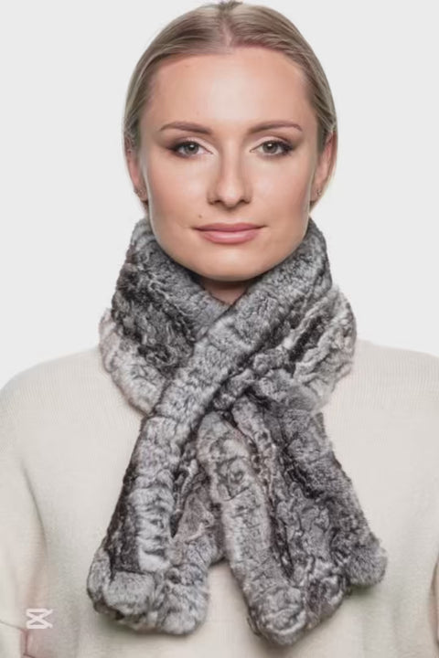 Fluffy grey Rex rabbit fur scarf shown on woman, hand-knitted real fur wrap for elegant cold-weather fashion.