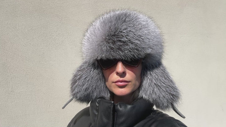 Grey Wool Trapper Hat with White Shadow Fox Fur