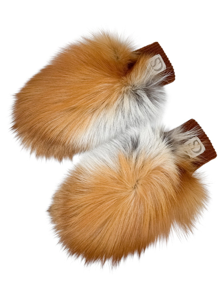 Red fox fur mittens with leather palms and wool lining, luxury women’s winter mittens handmade by FurbySD, fluffy natural fox fur gloves.
