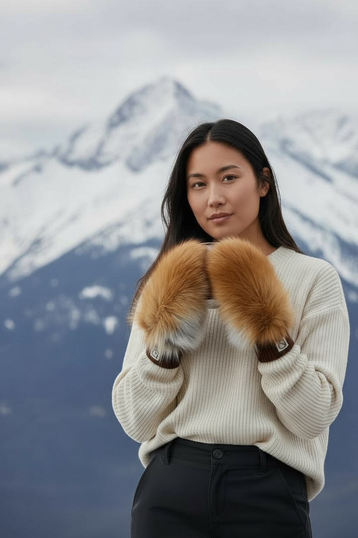Woman wearing red fox fur mittens with tan leather palms in snowy mountains, premium warm winter mittens by FurbySD.