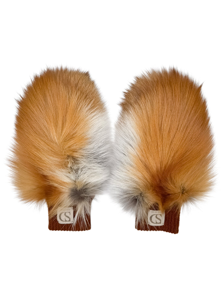 Red fox fur mittens with soft tan leather palm and warm wool wrist cuff, handcrafted women’s fur gloves for winter.