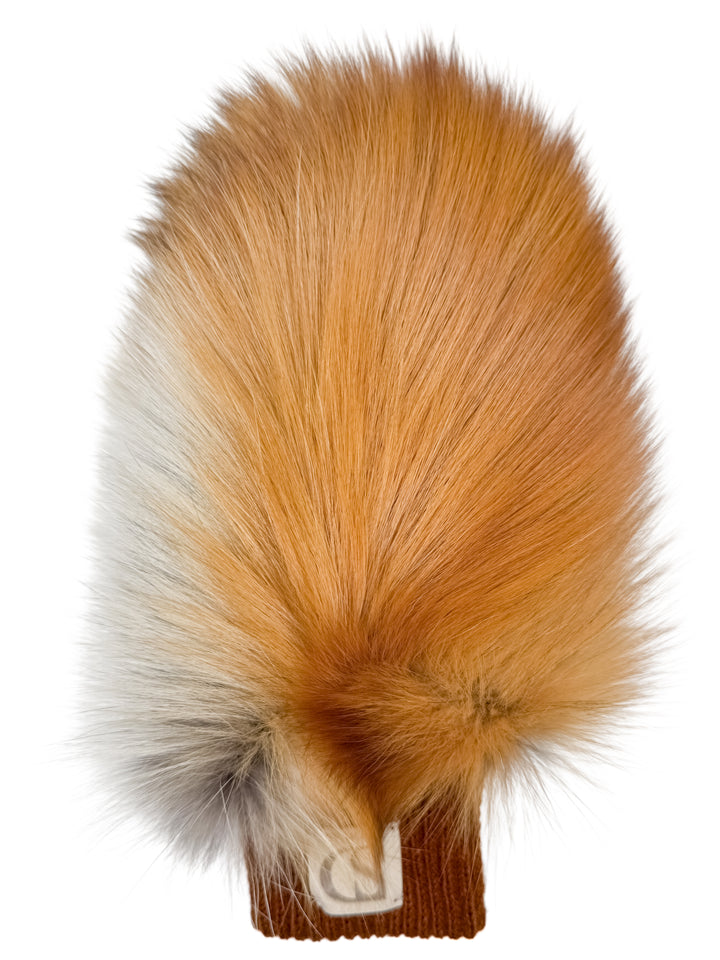 Side view of red fox fur mitten with tan leather palm and warm wool lining, premium handmade winter mittens.
