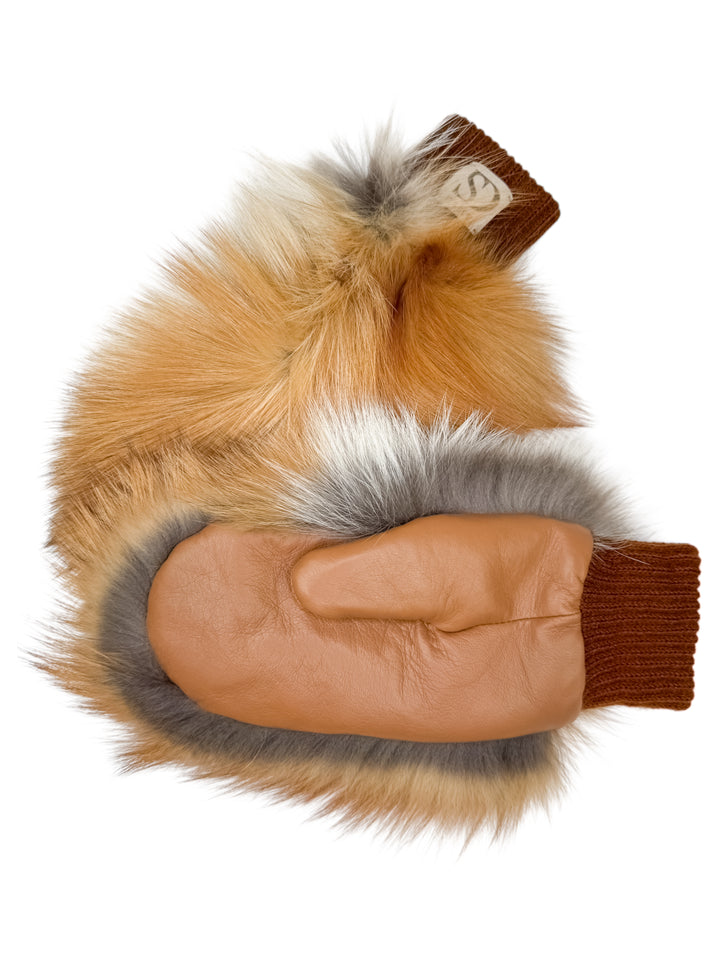 Natural red fox fur mitten with gradient amber, white, and silver tones, luxury handcrafted winter glove.