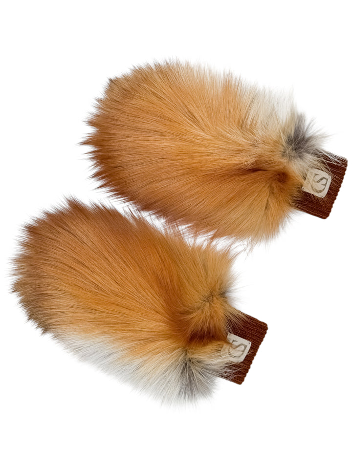 Red fox fur mittens front and back view, showing leather palm and fluffy fox fur top, luxury handmade winter gloves by FurbySD.