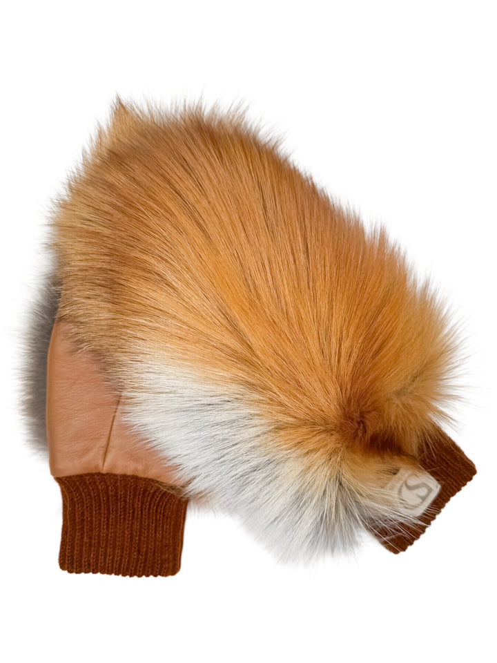 Red fox fur mittens with leather palms, wool cuffs, and authenticity cards, luxury winter accessories by FurbySD.