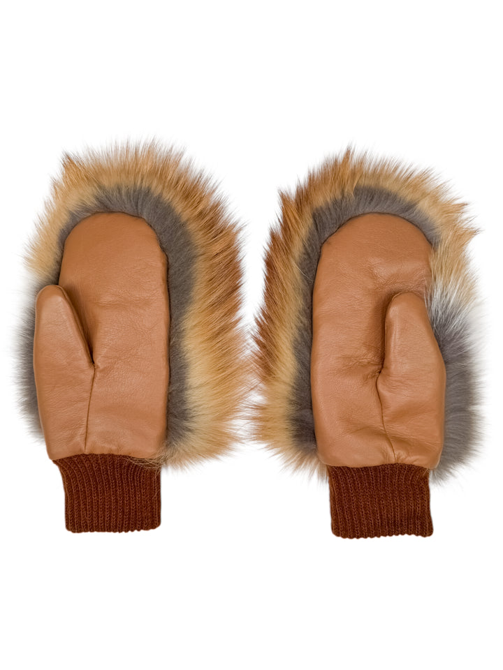 Natural red fox fur mitten with long fluffy fur and leather on the bottom side, luxury handmade winter gloves with wool cuff by FurbySD.