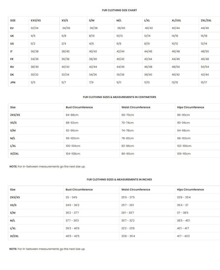 FurbySD offers a detailed size chart for their Long Red Fox Fur Vest, featuring sizes from XXS to 3XL with equivalent measurements in UK, US, IT, EU, and FR standards. To ensure precise fitting, the chart includes bust, waist, and hip measurements in both centimeters and inches.