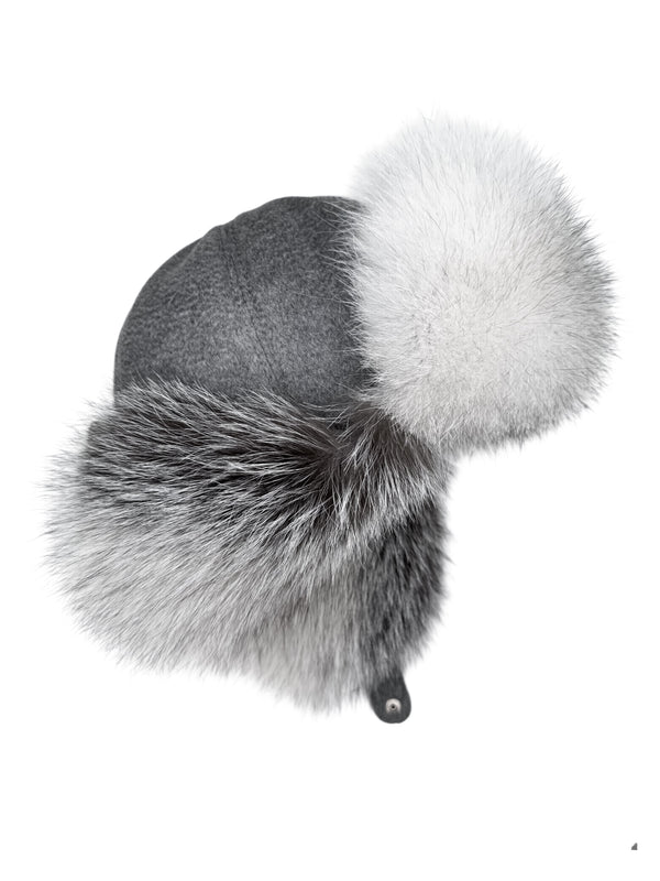 White Shadow Fox Fur Trapper Hat With Merino Wool