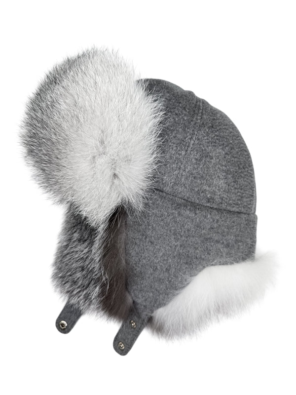Grey Wool Trapper Hat with White Shadow Fox Fur