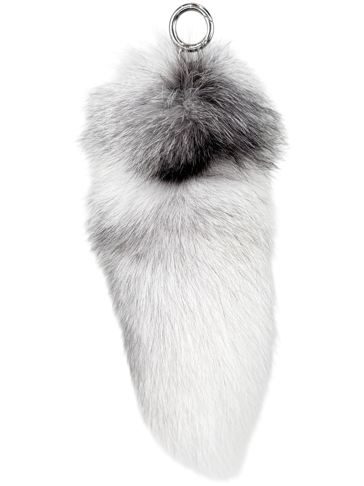 Luxury White Shadow Frost Fox Fur Bag Charm with natural gradient tones, handmade by FurbySD — fluffy real fox fur keychain accessory for handbags and totes.
