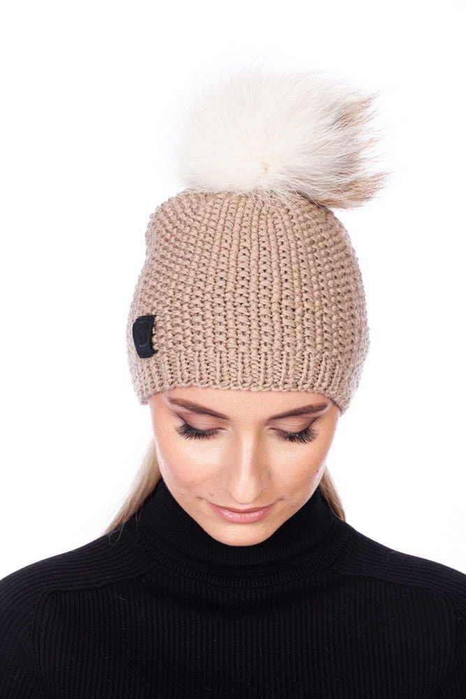 Real fur cable knit beanie hat