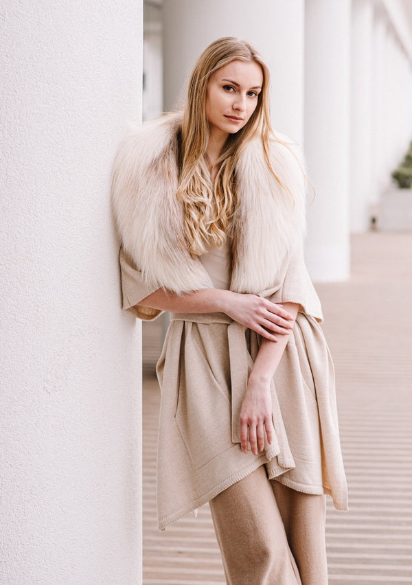 Belted Wool Cape With Fox Fur Collar
