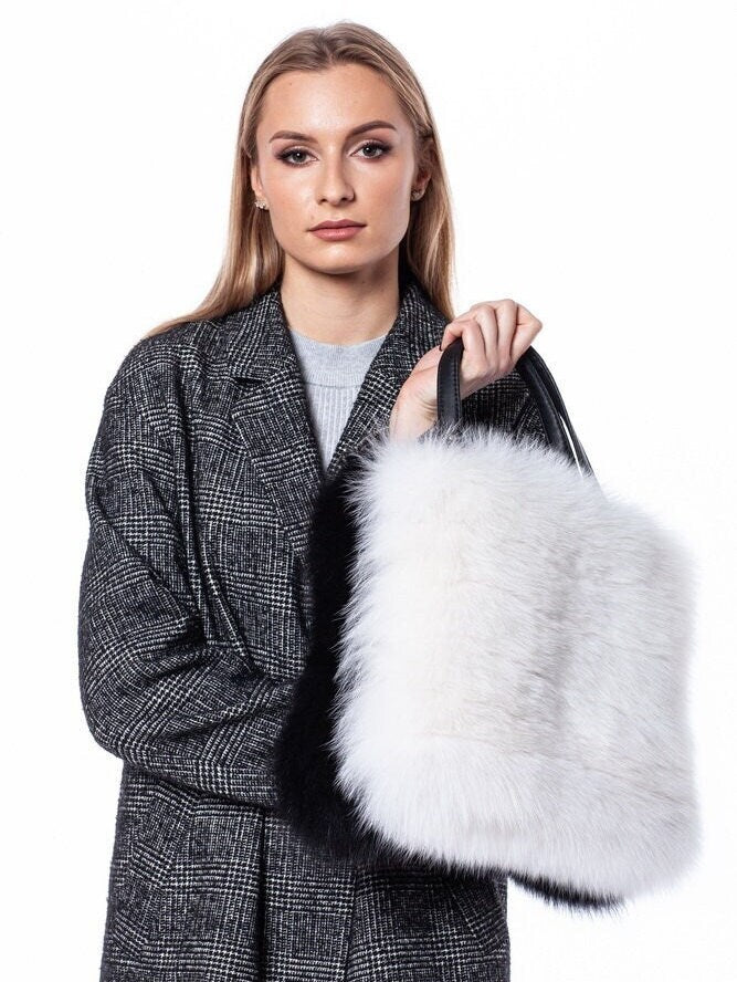 Black And White Genuine Fox Fur Handbag
