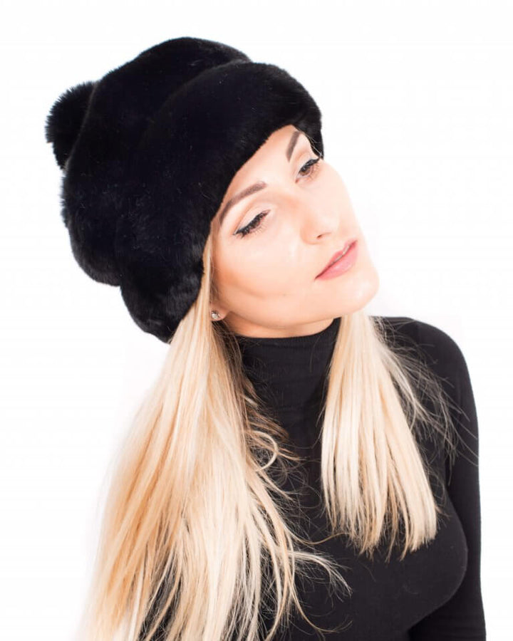 Black Chinchilla Fur Hat With Fur Bobble