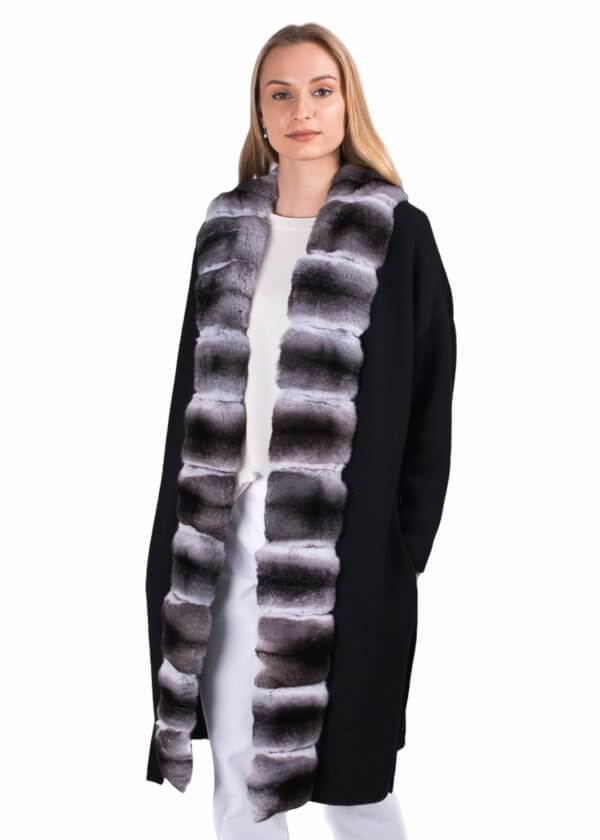 Black Chinchilla Fur Trim Cardigan Coat