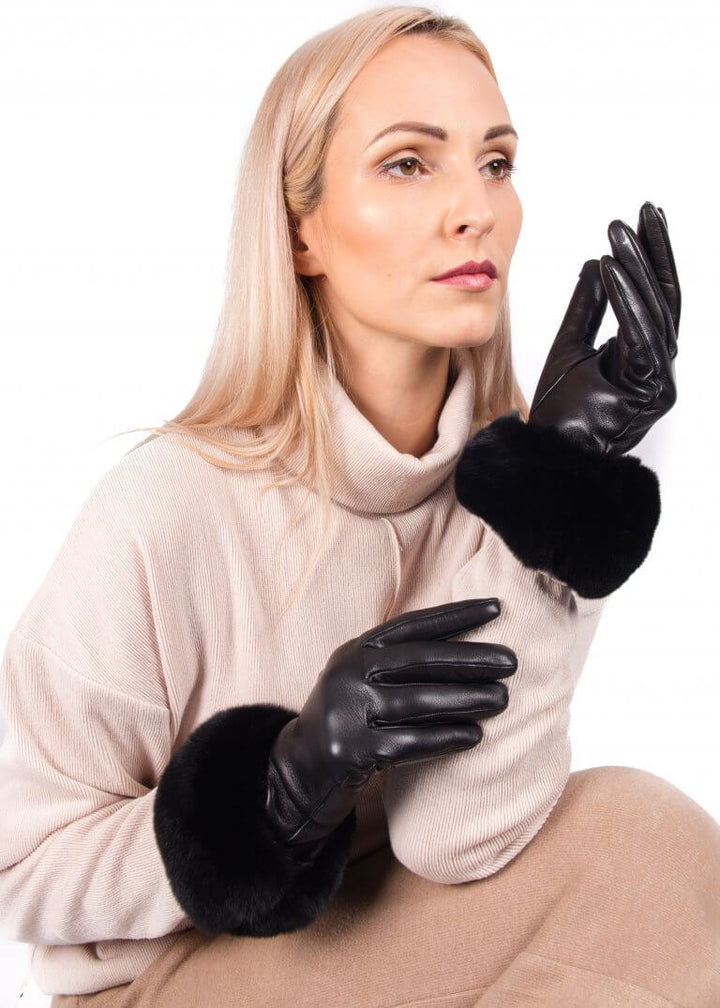 Black Chinchilla Fur Trim Gloves