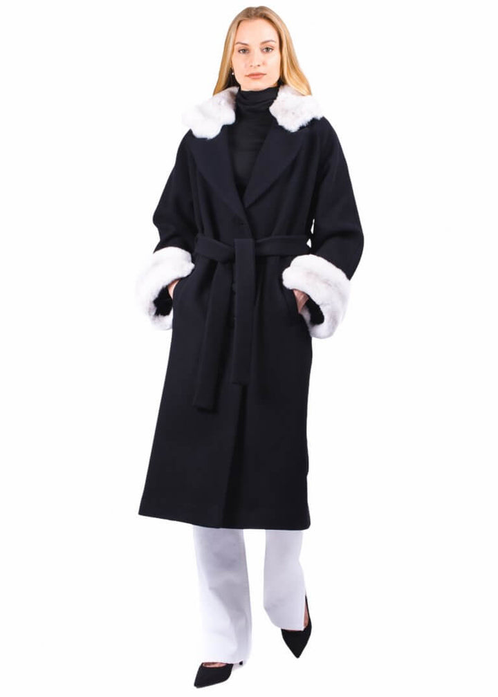 Black Chinchilla Fur Trimmed Wool Coat