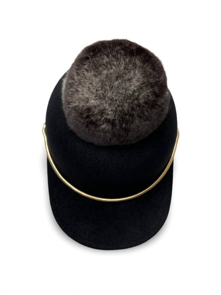 Black Wool Hat with Chinchilla Fur Tassel