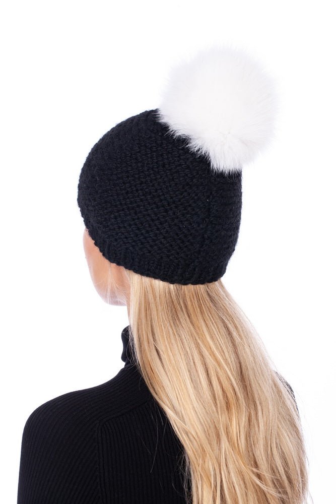 Black Fox Fur Pom Pom Beanie Hat