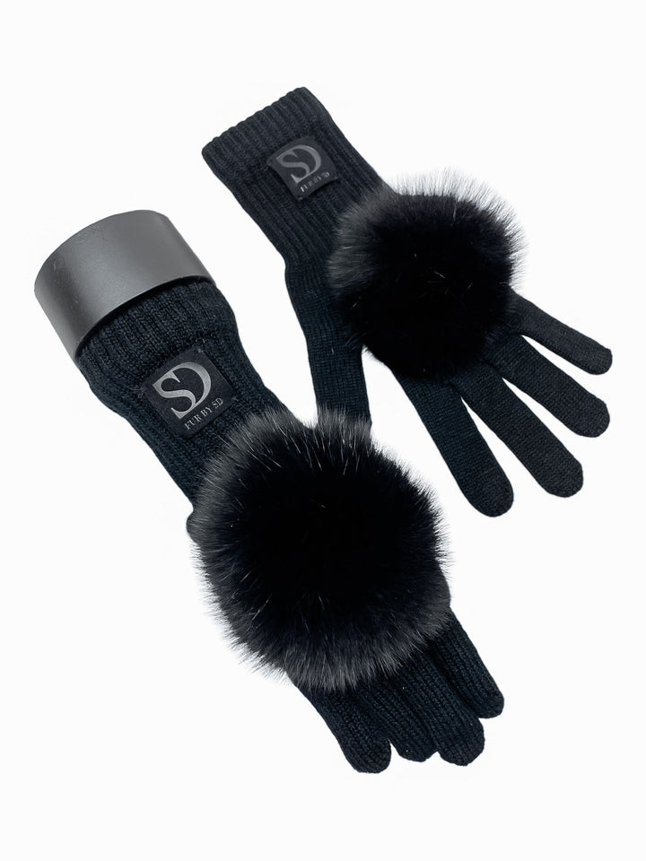Black Knit Gloves With Fox Fur Pom Poms