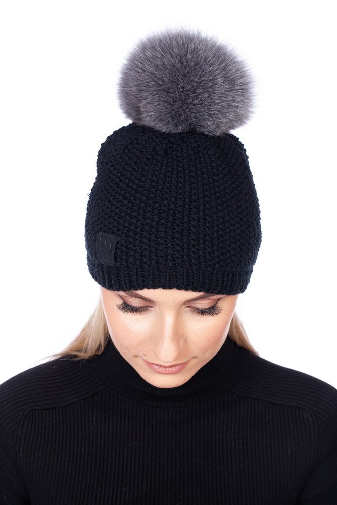 Black Merino Wool Fur Tassel Hat