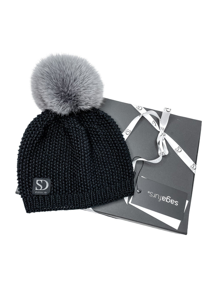 Black Merino Wool Fur Bobble Hat With Gift Box