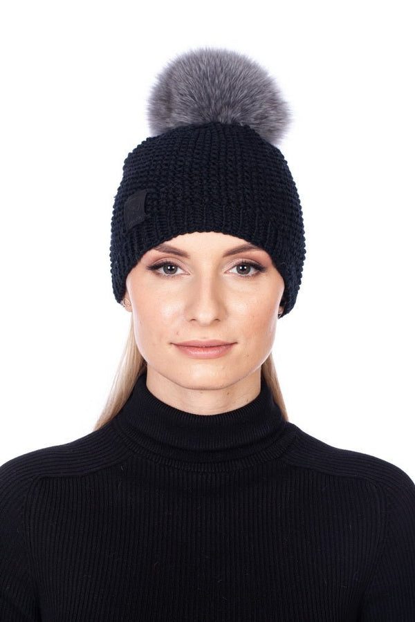 Black Merino Wool Fur Bobble Hat