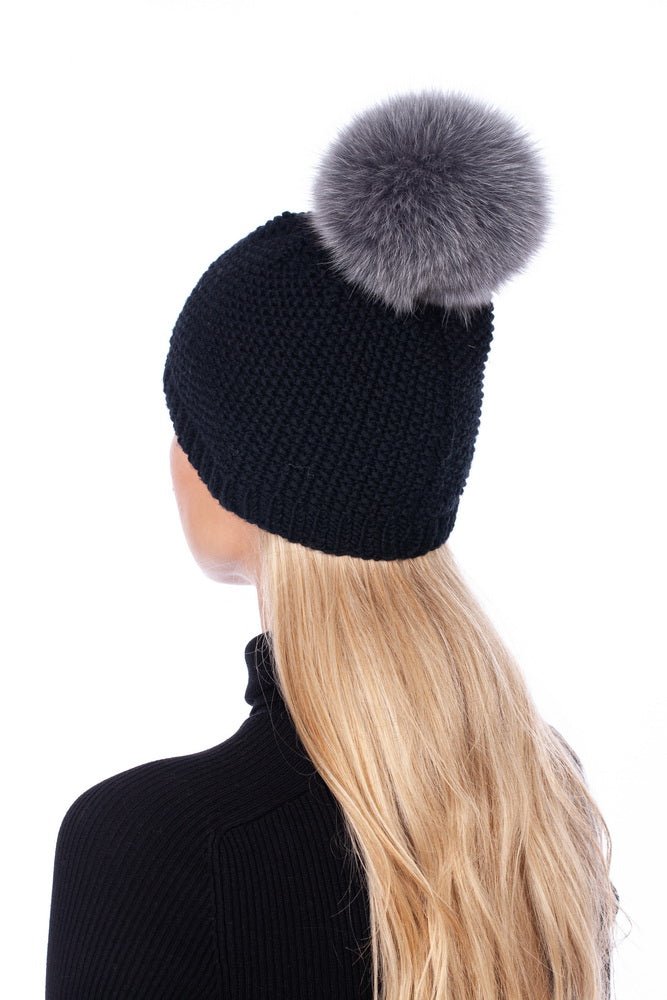 Black Merino Wool Fox Fur Bobble Hat