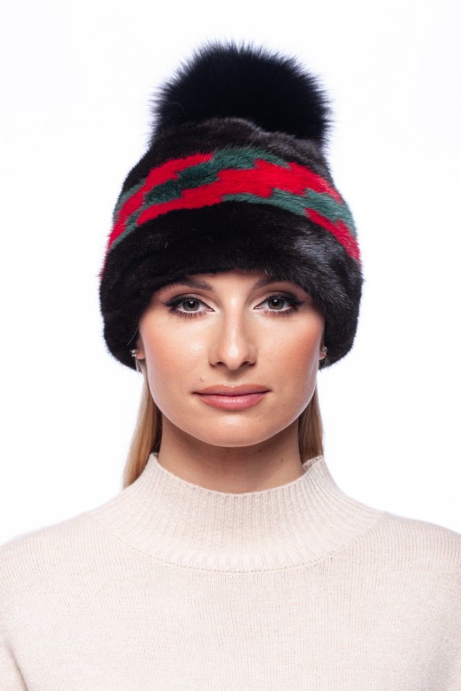Black Mink Fur Hat With Fox Fur Bobble