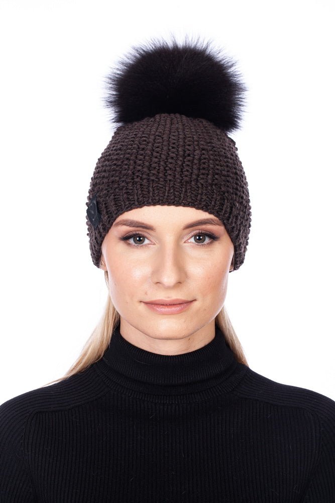 Brown Beanie Hat With Fur Bobble
