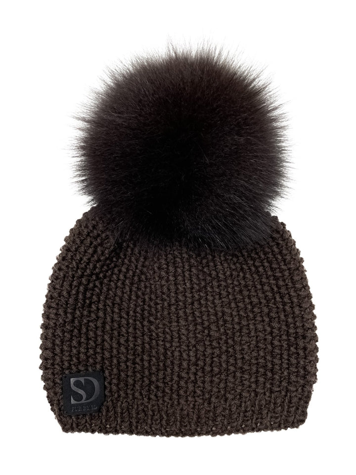 Brown Beanie Hat With Fox Fur Bobble