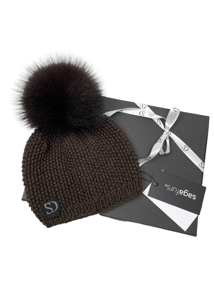 Brown Beanie Hat With Fur Bobble in a gift box