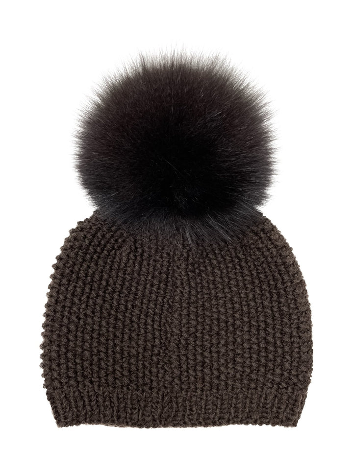 Brown Beanie Hat With Fox Fur Tassel