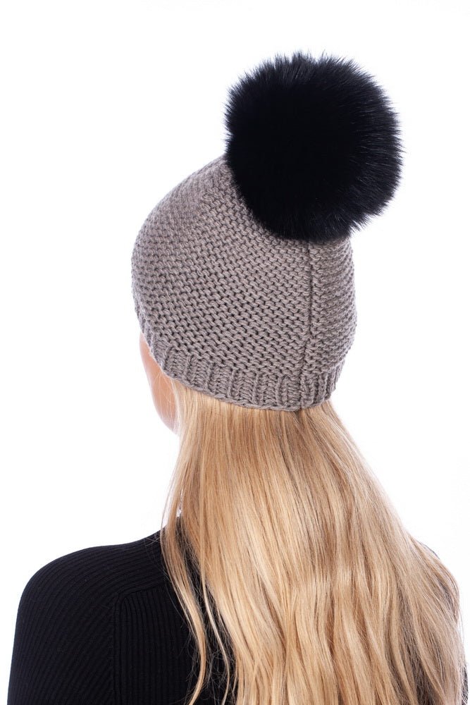 Brown Cable Knit Fur Bobble Beanie, back
