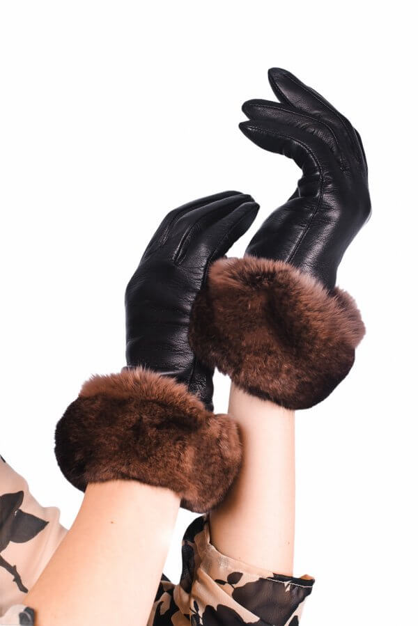 Brown Chinchilla Fur Trim Gloves