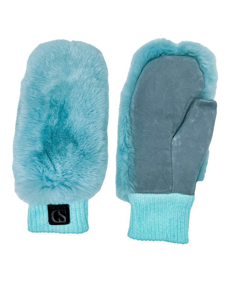 Chinchilla Fur And Leather Mittens in Blue