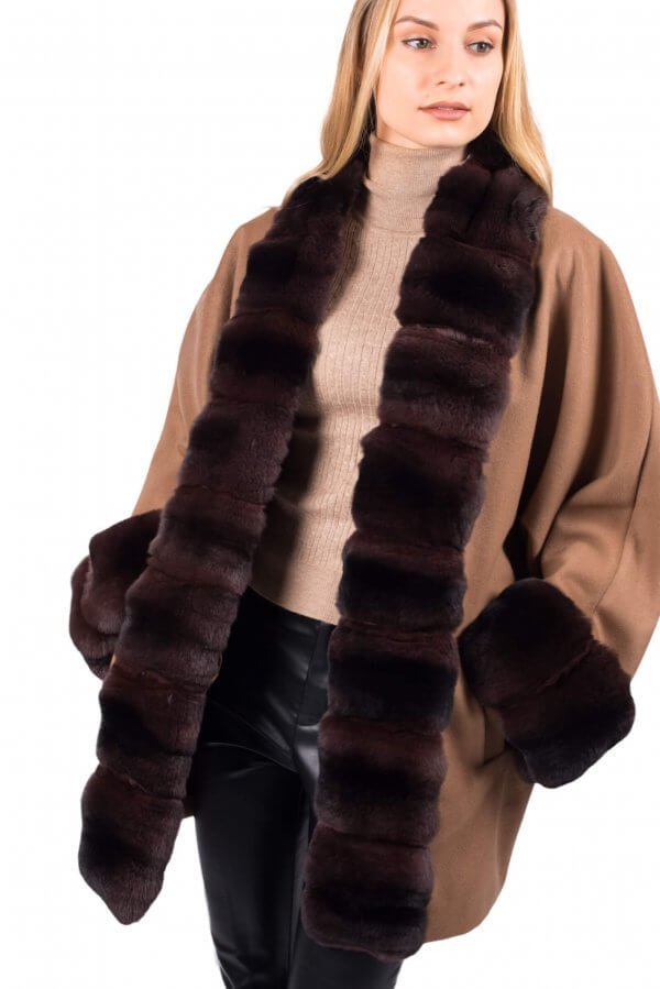 Chinchilla Fur Trimmed Bat Style Cashmere Coat